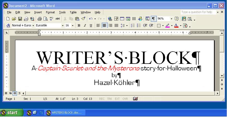 Writer's Block, A Captain Scarlet and the Mysterons story for Halloween by Hazel Kohler